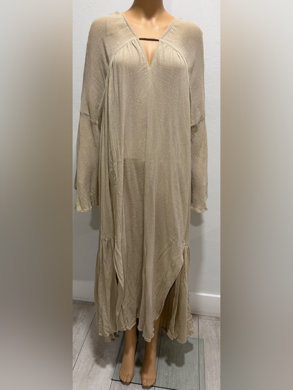 Long-Sleeve Tiered Maxi Dress in Beige